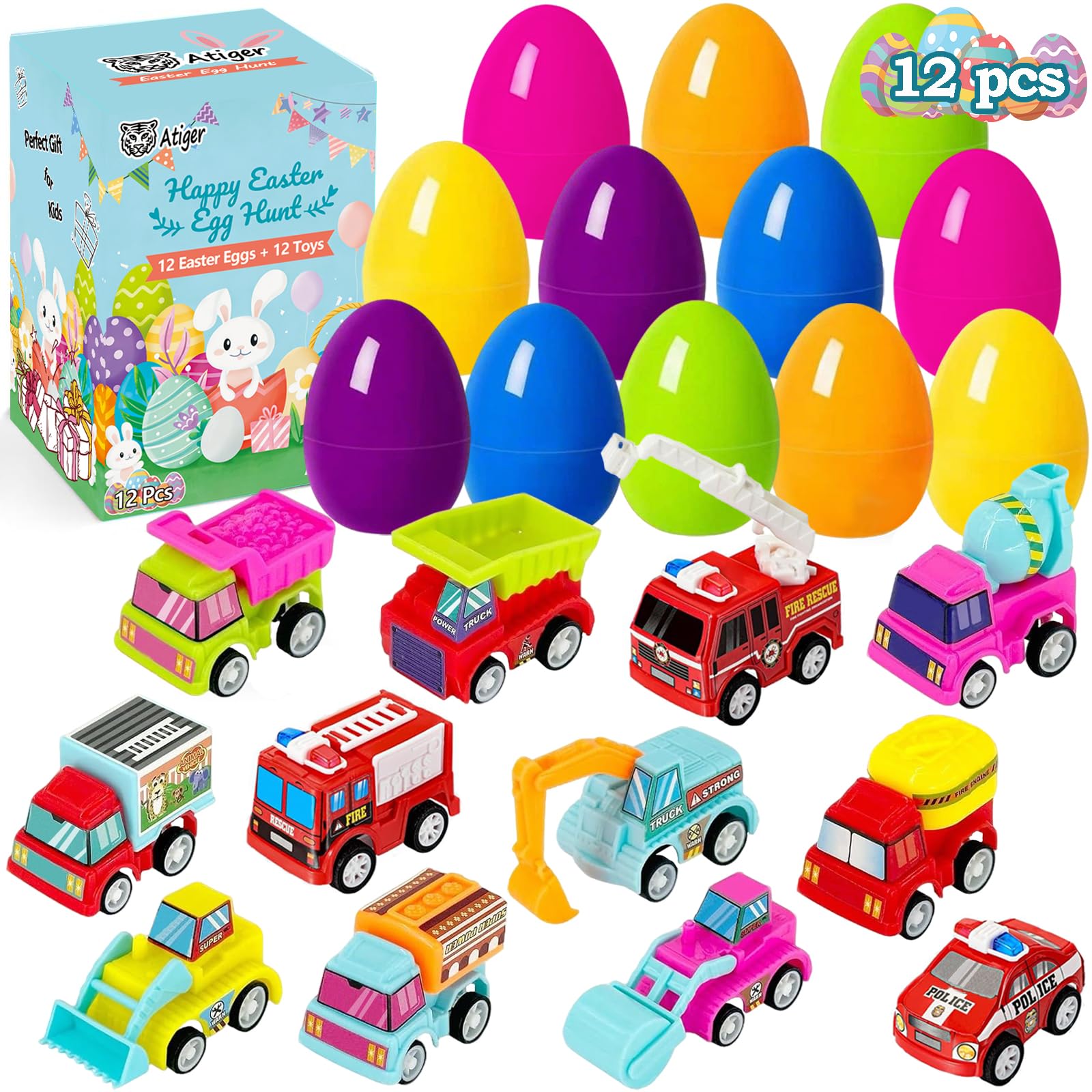 Atiger Easter Basket Stuffers for Kids - 12 Pcs Eggs Fillers with Toys Inside, Plastic Eggs Filled Pull Back Engineering Vehicles Party Favors for Boys Girls Hunt Gift Easter Basket Essentials