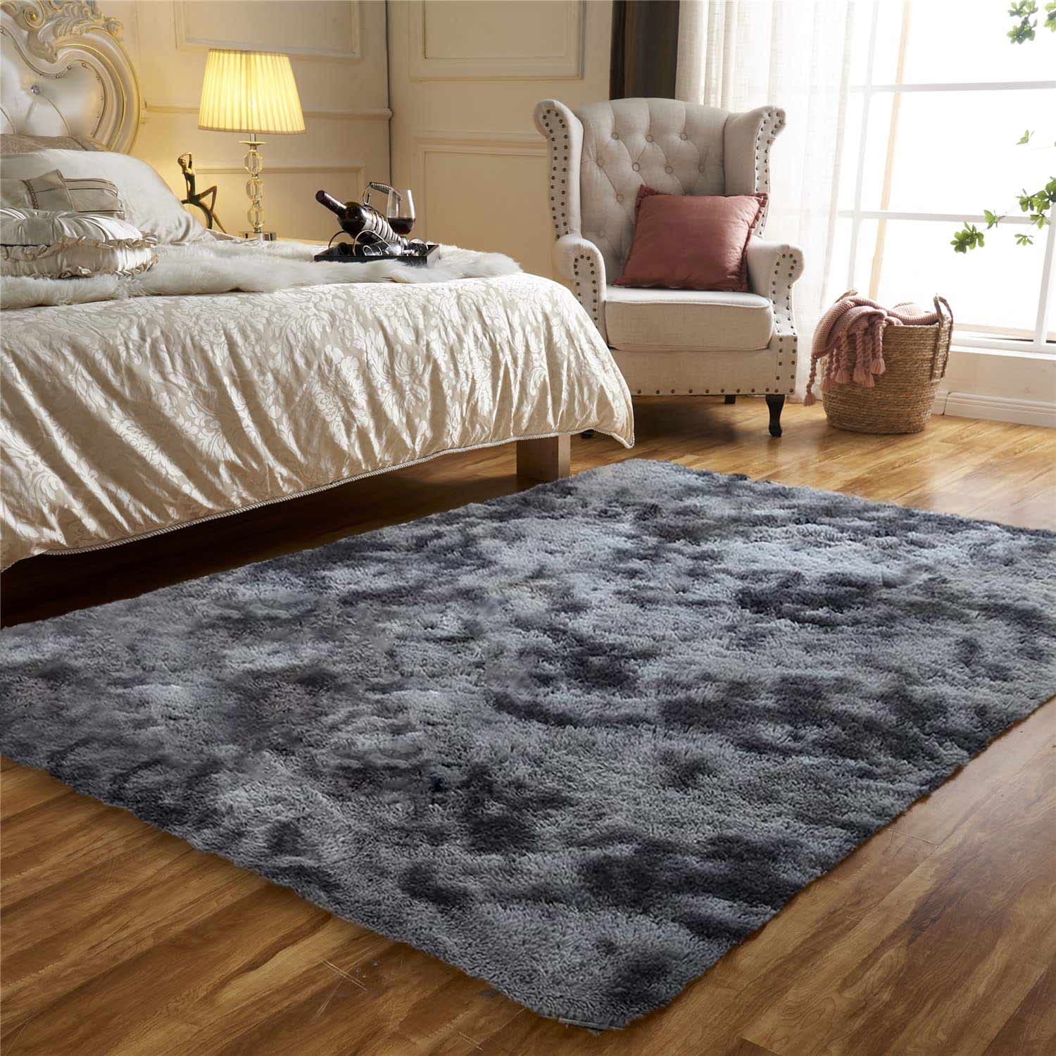 JURLEA Rugs Living Room - Modern Soft Fluffy Shaggy Rugs for Bedroom Nursery Bedside Large Non-Slip Plush Area Rug Carpet Home Decor (Black Grey, 80 x 120 cm)