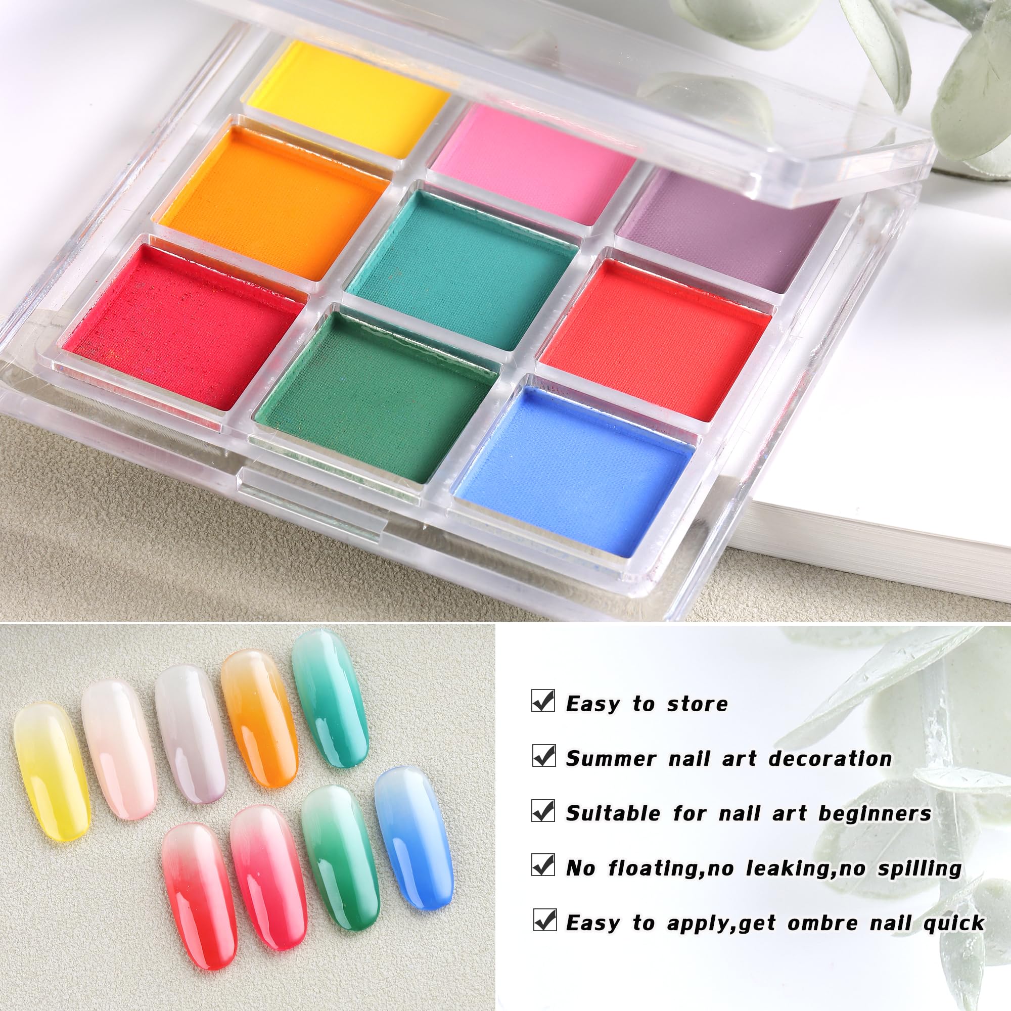 FSpronail Nail Pigment Palette - 9 Colors Gradient & Solid Neon Ombre Pigment Powder Set - Includes 5 Sponge Sticks & 1 Brush - Perfect for Beginners - Image 5