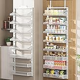 POKIPO Over the Door Pantry Organizer 8-Tier, Large Metal Door Spice Rack with Adjustable Basket, 2 in 1 Wall Mount or Hanging Heavy-Duty Pantry Door Storage Shelf for Kitchen and Bathroom, White