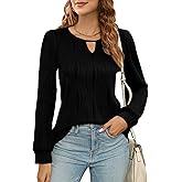 LUYAA Womens Long Sleeve Tops Dressy Casual Textured Work Blouses V Neck Keyhole Puff Sleeve Shirts 2024
