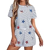 VILOVE 4th of July 2 Piece Sequin Outfits Women Star Stripe Shirts and Short Sets Casual Patriotic Shirt Summer Set