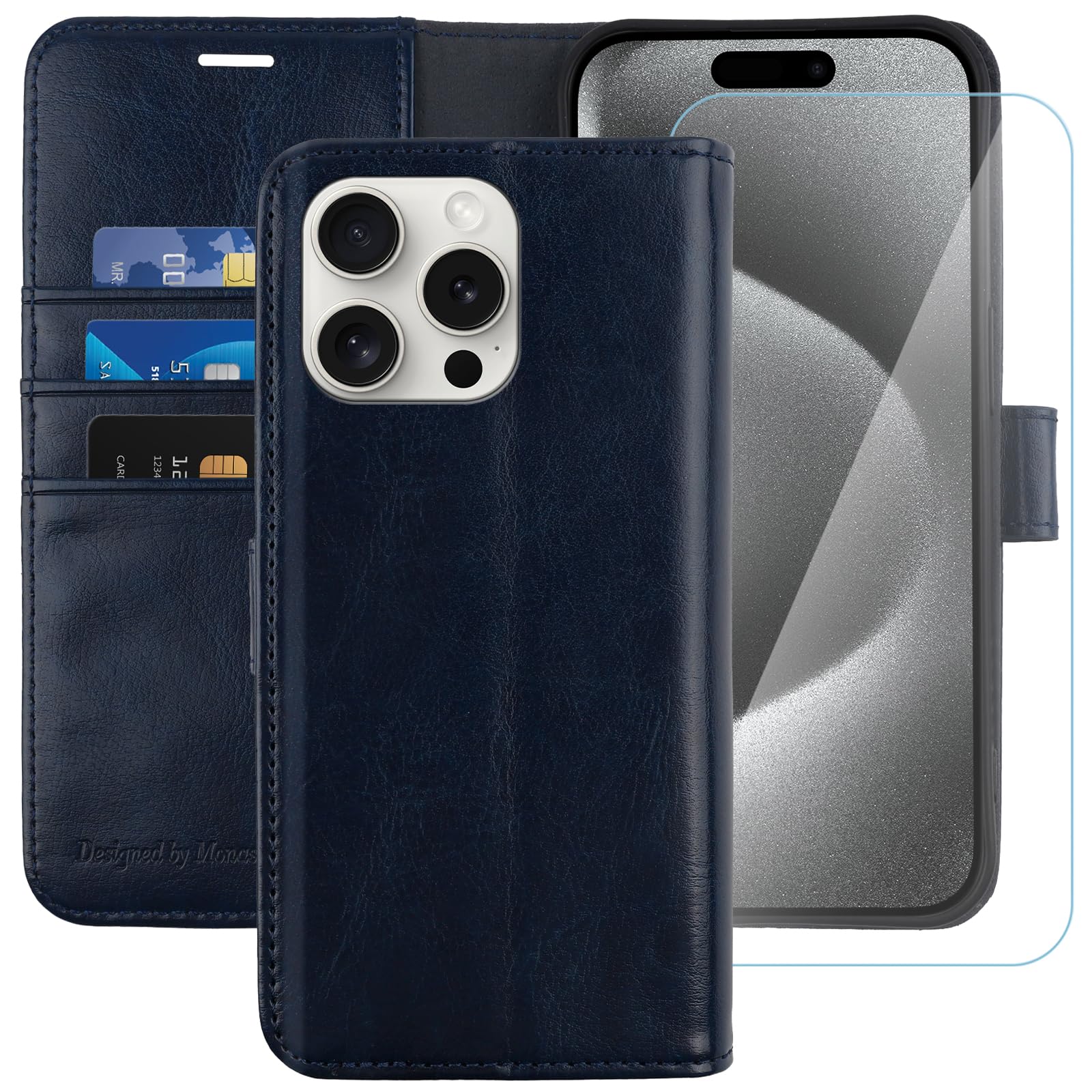 MONASAY for iPhone 15 Pro Max 5G Wallet Case,6.7-inch, [Glass Screen Protector Included] [RFID Blocking] Flip Folio Leather Cell Phone Cover with Credit Card Holder, Blue