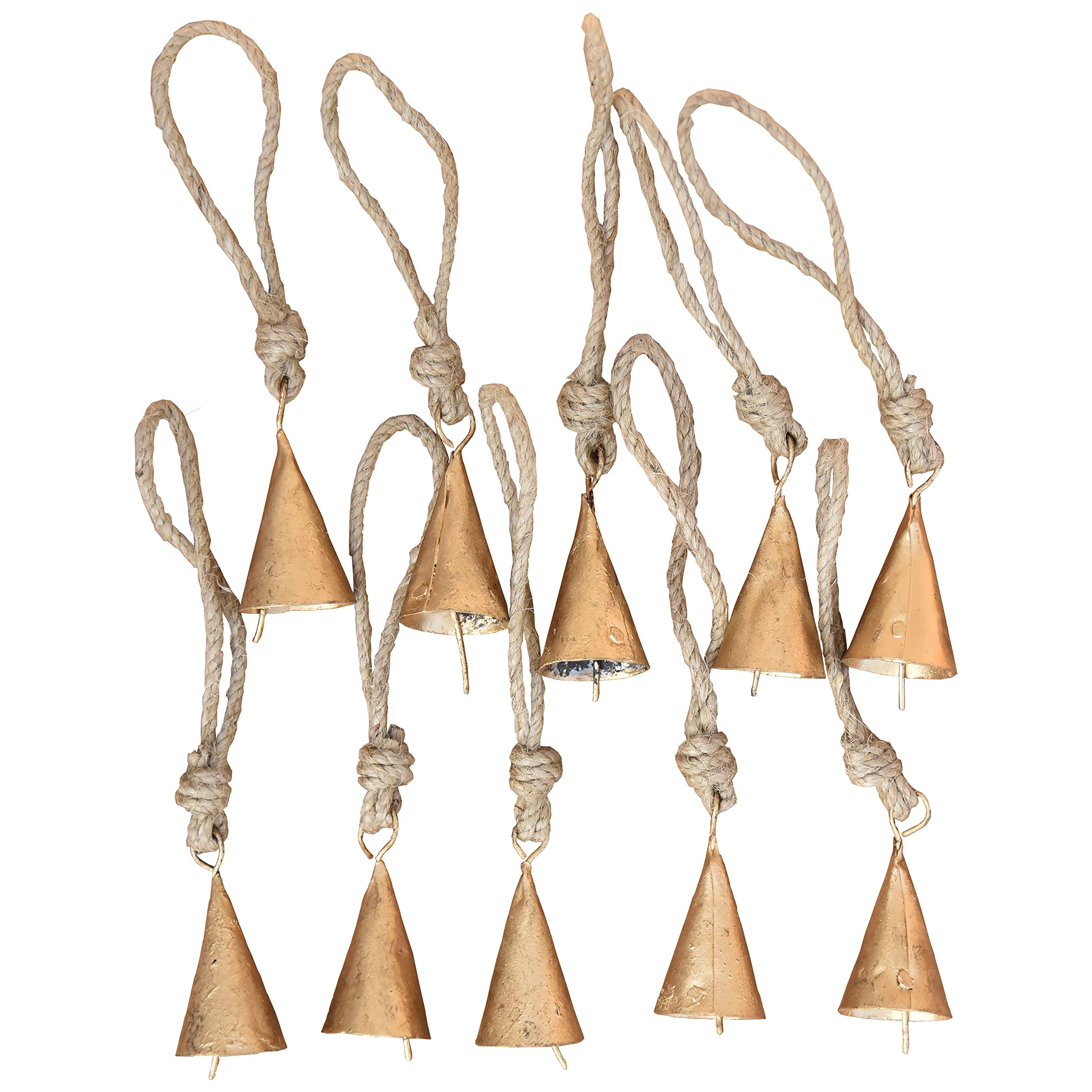 Vivanta 10 Pcs Rustic Gold Metal Cow Bells with Jute Rope 2"– Small Jingle Bells for Crafting, Cone Bells for Crafts, Christmas Bells Ornaments, Witch Bells, Vintage Boho Decor, Sleigh Bells Witches