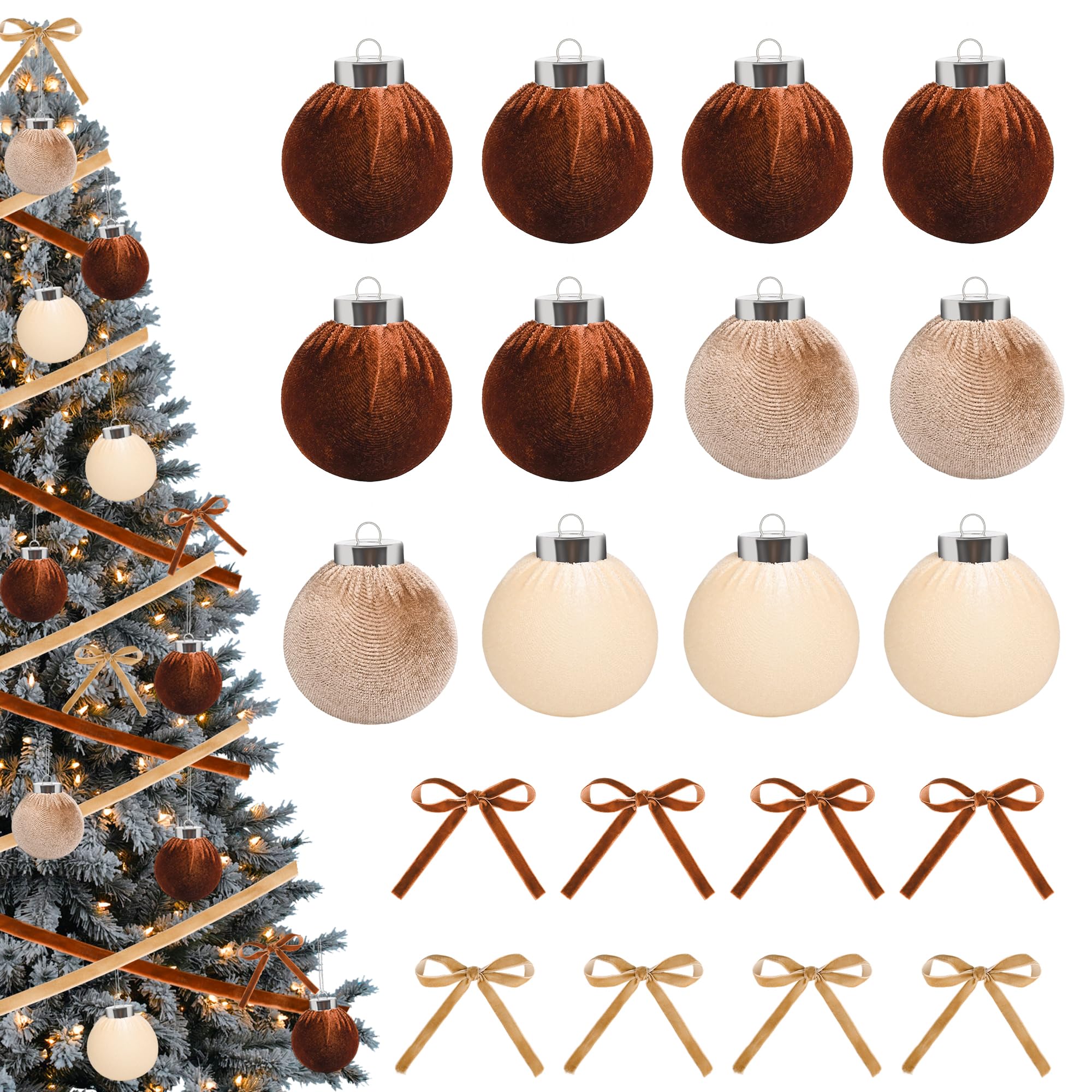 Photo 1 of 12Pcs Velvet Christmas Balls Ornaments and Ribbon Bows 2.4 Inch Flocked Xmas Tree Hanging Decorations for Holiday Party Wedding Brown Khaki Beige