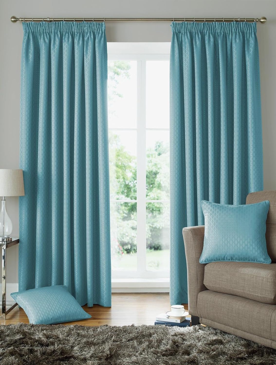 Plain woven jacquard pencil pleat top / tape top plain print duck egg