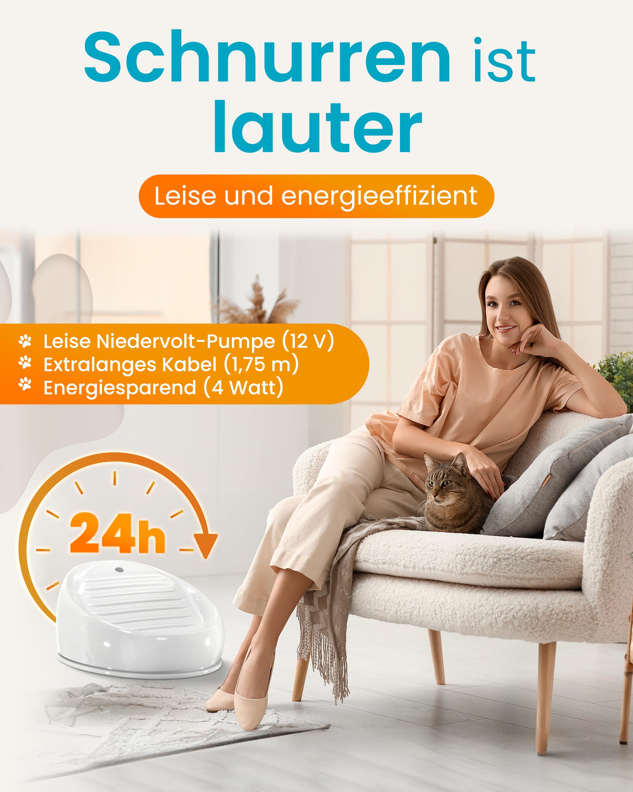 Lucky-Kitty Trinkbrunnen für Katze grau I Katzenbrunnen Keramik Handarbeit, hygienisch I Kein Aufladen, kein Filter-Tausch I Trinkbrunnen leise & energiesparend I Wasserspender Katzen plastikfrei 5