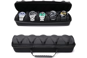 RIGICASE 5 slots Hard men's watch travel case, Portable zipper storage organizer box with soft compressible foam pillow to fit large and small watches(Black, 5slot)