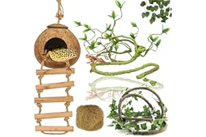 RUNANIA Crested Gecko Tank Accessories, Reptile Vines and Plants Coco Hut Coconut Shell with Ladder Hideout Cave Habitat Decor for Climbing Lizard Leopard Gecko Tortoise Amphibians Hermit Crab