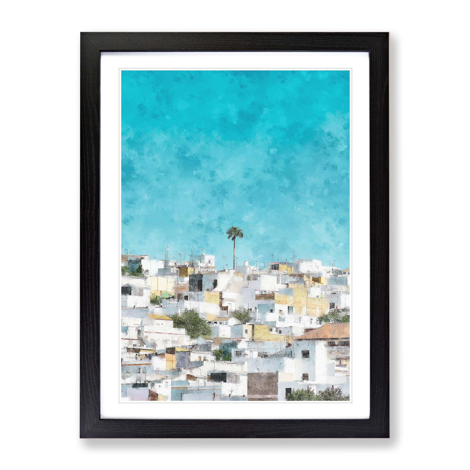 Rooftops In Montecorto Spain Painting Modern Framed Wall Art Print, Ready to Hang Picture for Living Room Bedroom Home Office Décor, Black A4 (34 x 25 cm)