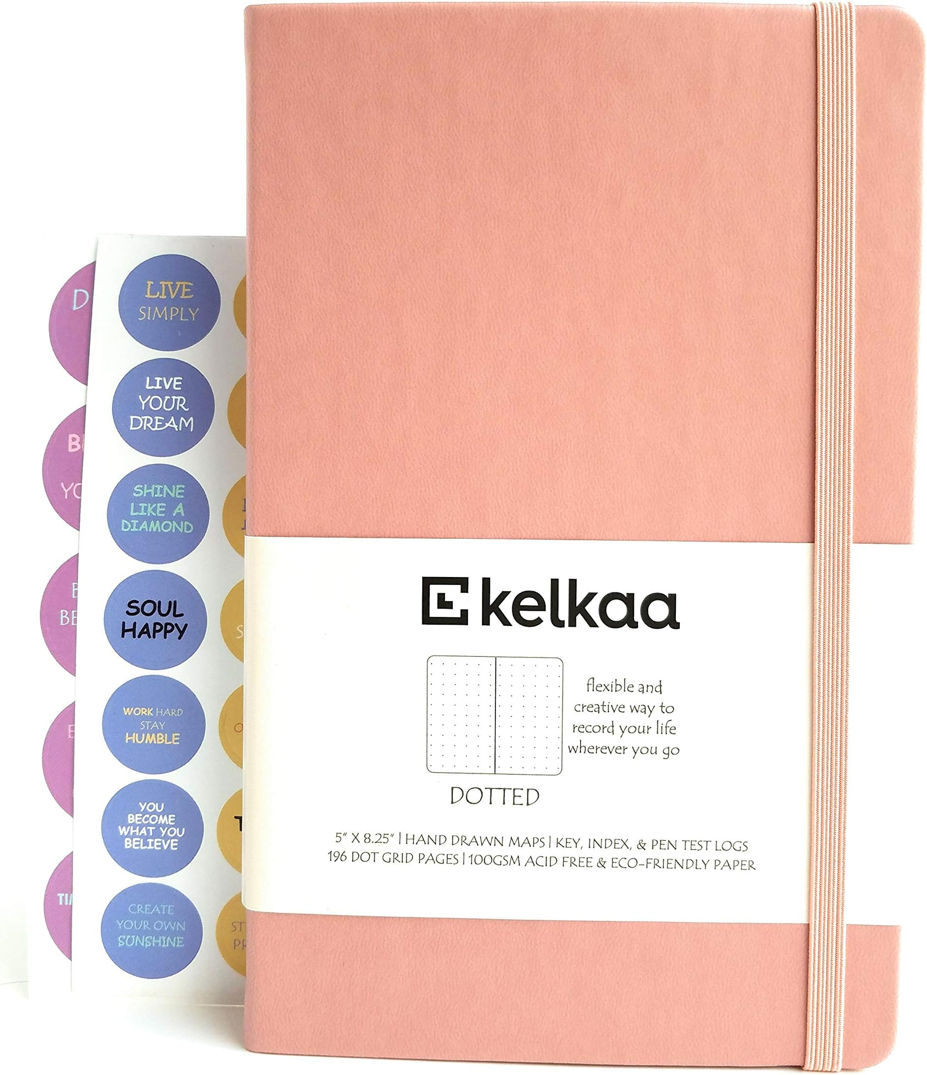 Kelkaa Dotted Bullet Notebook– Dot Grid Hardcover Journal, Classic Premium FSC Certified Notebook w/ 100gsm Thick Paper, Fine Faux Leather, Inner Pocket, Stickers, A5 (5”x8.25”) 196 Pages - Blush Pink