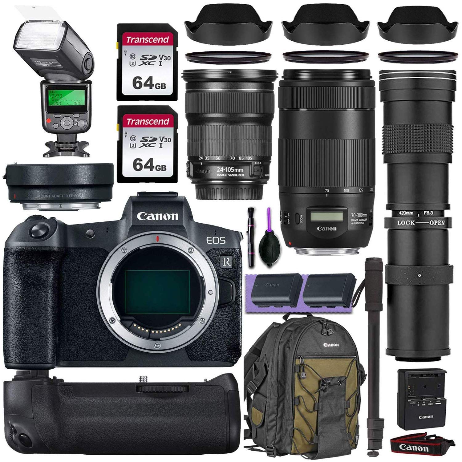 Canon EOS R Mirrorless Digital Camera w/Canon 24-105mm STM, Canon 70-300mm is II USM & Commander 420