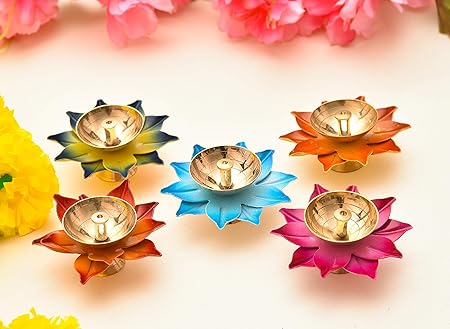Brown Leaf Premium Colorful Lotus Shape (Set of 5) Metal Akhand Jyot Oil Lamp Diya Candle Deepak Set with Box Pack for Diwali Festival Gift Item & Corporate Sector