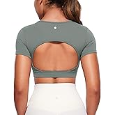 CRZ YOGA Womens Butterluxe Double Lined Open Back Crop Tops Backless Short Sleeve Workout Shirts Casual Tight T-Shirts