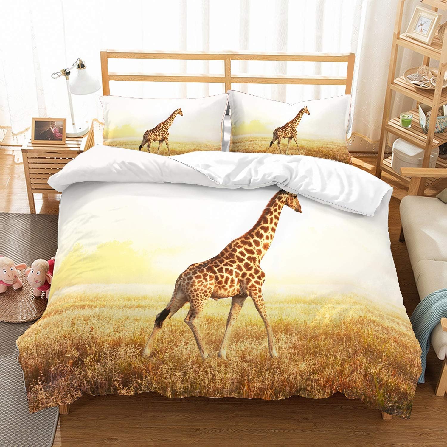 Moumouhome Twin Size Bedding Set Kids Bed Decor Microfiber 3d Giraffe Walking On Gold Grassfield By Foggy Giraffe Duvet Cover Sets For Boys Girls 2