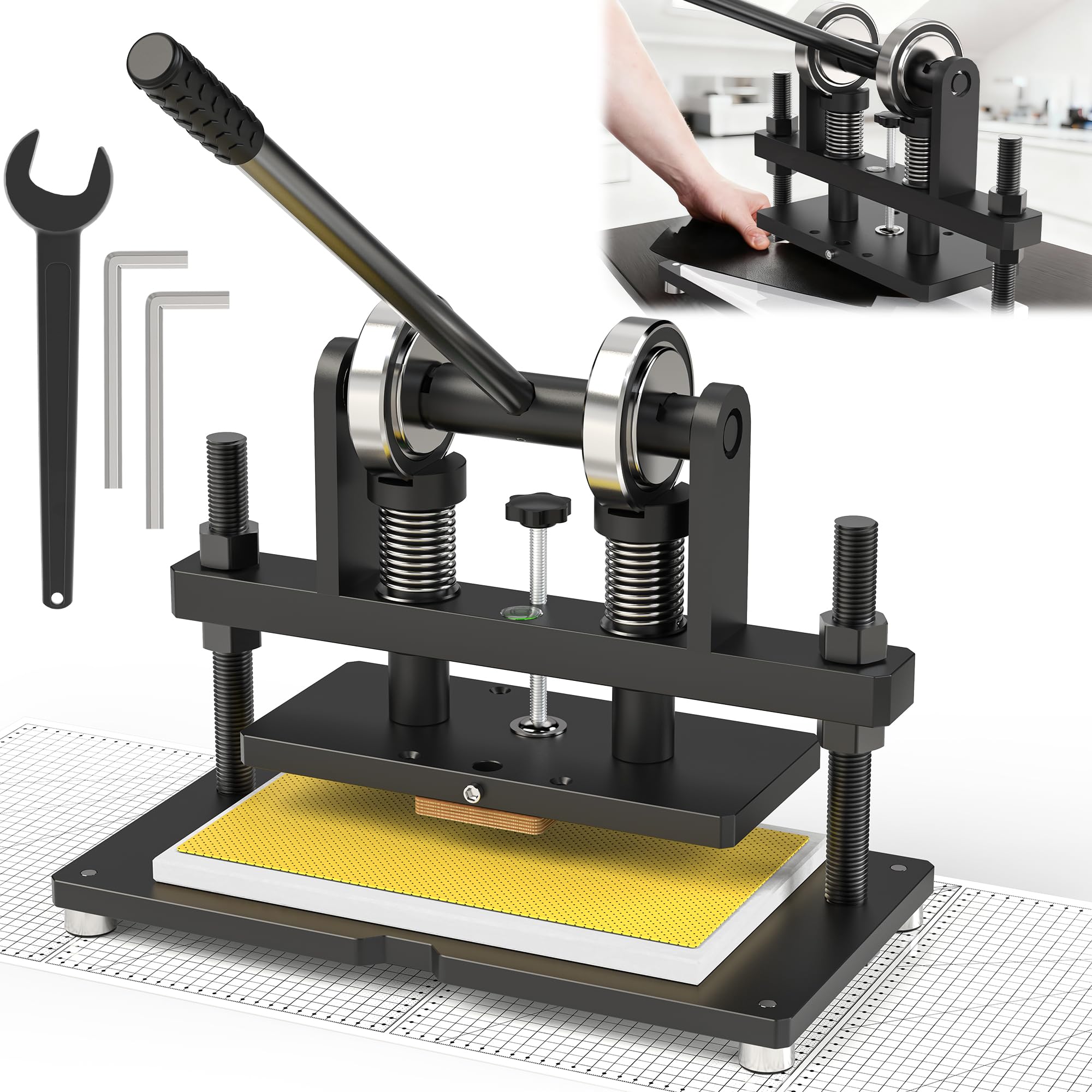 Photo 1 of [Updated] Leather Cutting Machine, 260 x 150 mm Adjutable Manual Hand Press Leather Embossing Leathercraft Mold Die Cutter with 10.2 x 5.9 inches Upper Plate for Various of Materials, Matte Black