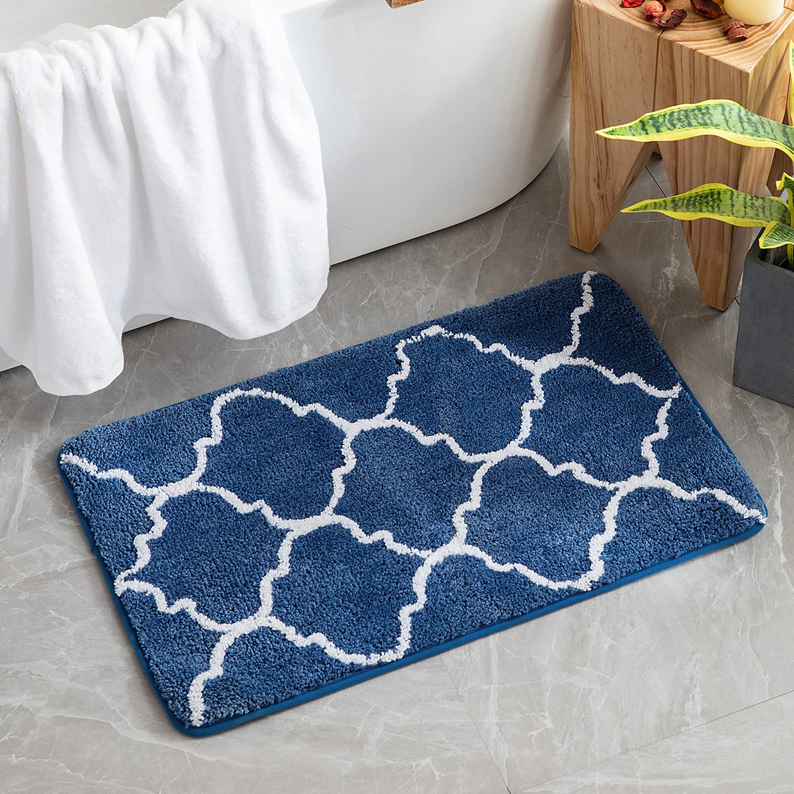 MIULEE Rectangular Bathroom Rug in Moroccan Design for Shower Non-Slip Soft Comfortable Soft Microfibre Toilet Bath Mat 60 x 90 cm Dark Blue
