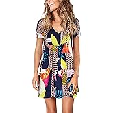 Amoretu Women Summer Tunic Dress V Neck Short Sleeve Casual Loose Flowy Swing Shift Dresses