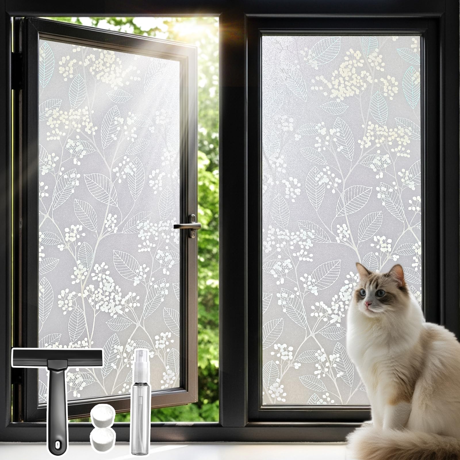 Qualsen Window Film Privacy Frosted Window Films Leaf Pattern Decorative Privacy Film for Glass Windows Non Adhesive Anti UV Static Cling, for Home Kitchen Bedroom (90 x 300 cm)