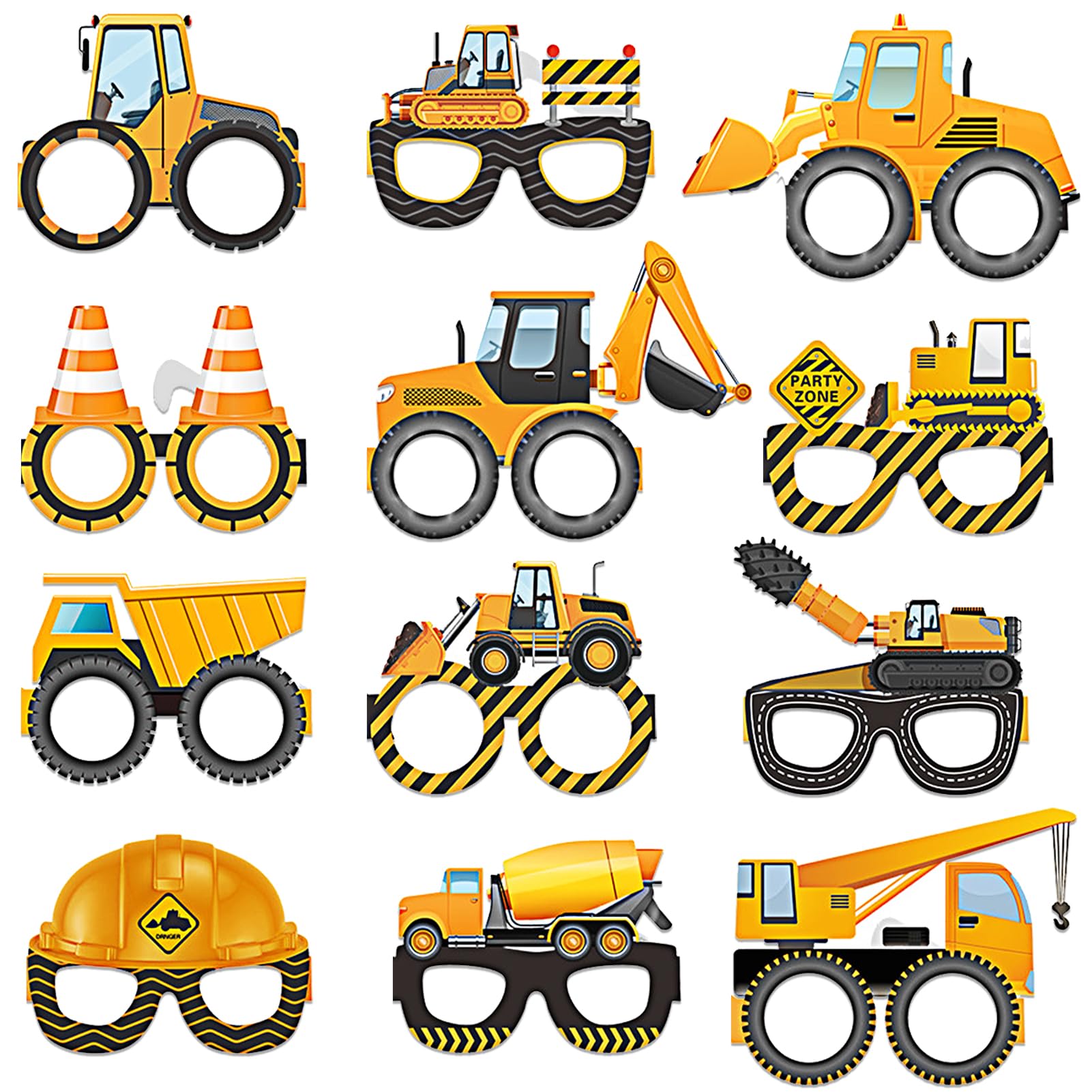 Qpout 24pcs Construction Party Decorations,Excavator Dump Truck Paper Eyeglasses Frame,Tractor Transportation Photo Booth Props Glasses for Boys Construction Birthday Party Favors Supplies