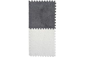 HUIDUO 16 Pcs Shaggy Interlocking Foam Carpet Tiles - Coverage 4ft x 4ft, Kids Carpet Squares Protective Floor Mats Crawling Exercise Area Rugs for Children Room, Home or Classroom Use, White+Grey