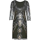 Vijiv 1920s Flapper Dress with 3/4 Sleeve V Neck Squins Cocktail Gatsby Dresses