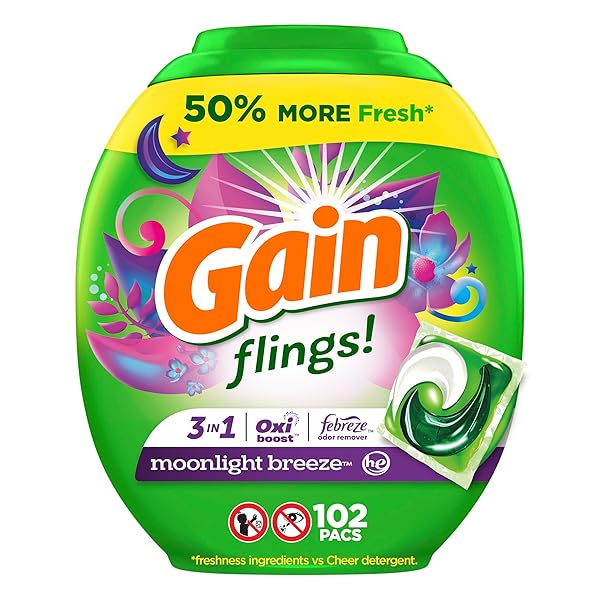GAIN FLINGS LAUNDRY DETERGENT PACS, 102 COUNT, MOONLIGHT BREEZE SCENT, 3 IN 1 HE DETERGENT PACS WITH OXI BOOST AND FEBREEZE