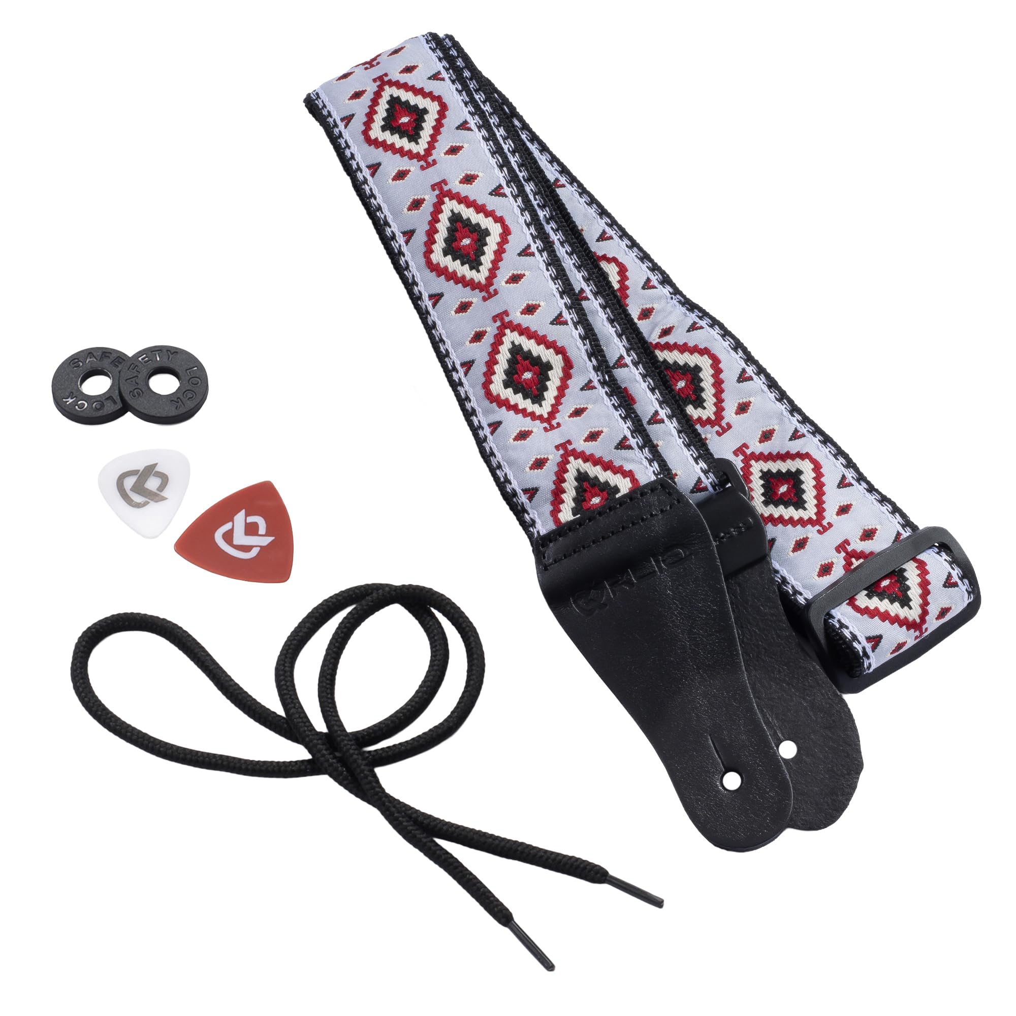 KLIQ Vintage Woven Guitar Strap for Acoustic and Electric Guitars | '60s Jacquard Weave Hootenanny Style | 2 Rubber Strap Locks Included (Diné, Gray/Burgundy)
