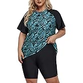 Inno Women's Plus Size 2 Piece Rash Guard Swimsuits Short Sleeve with Boyshorts UPF 50+ Surfing Swimwear 1X 2X 3X 4X 5X 6X
