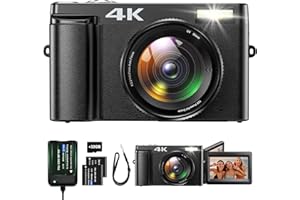 AKJJHFUE 4K Digital Camera for Photography with 3'' 180°Flip Screen, Autofocus 48MP Vlogging Cameras for YouTube Compact Camera with 16X Digital Zoom 32GB SD Card, 2 Batteries and Charging Stand for Travel