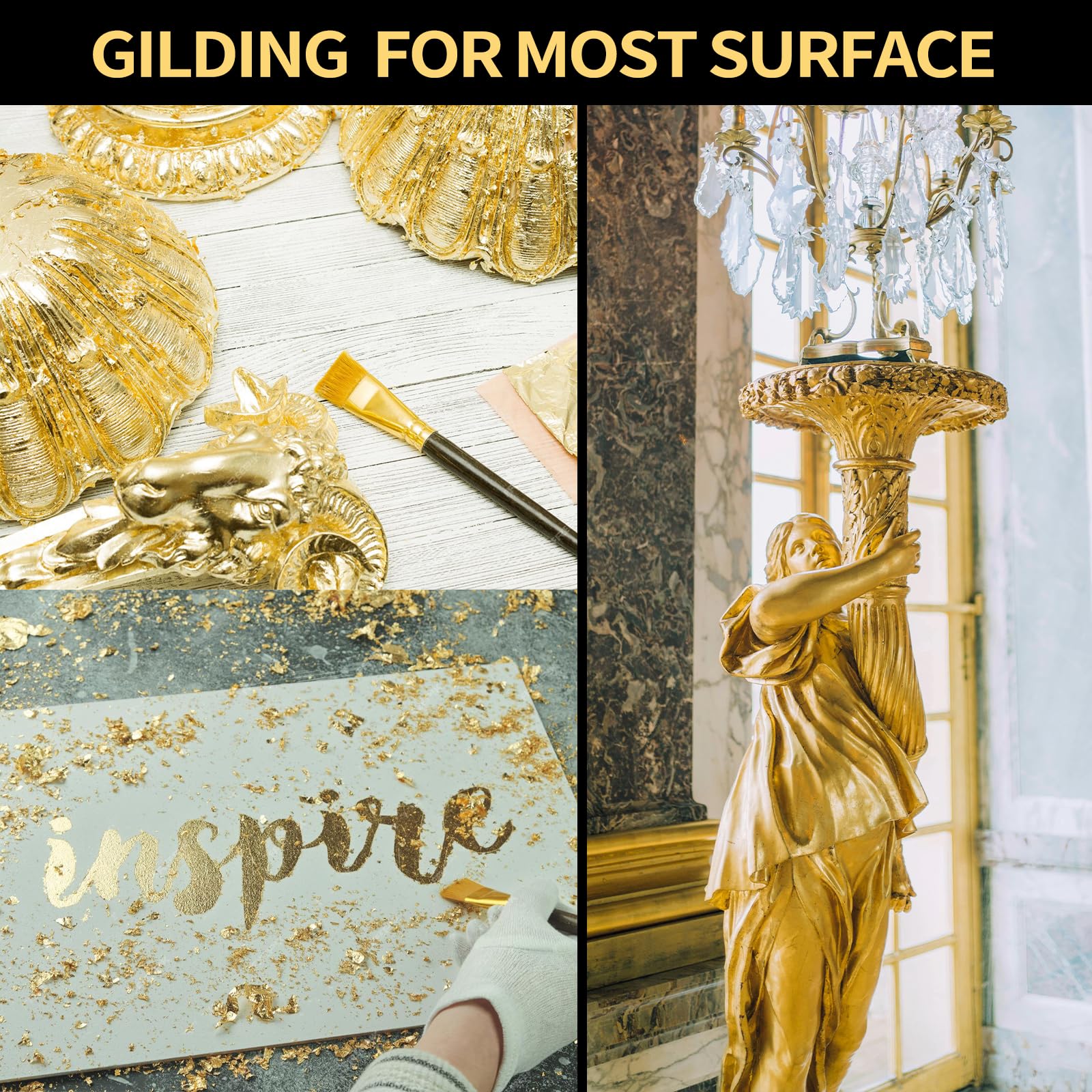 Gilding Adhesive Set, LUVBOATE Gold Leaf Kit, 3.53oz Water Based Adhesive and 3.53oz Varnish with Gold Leaf Sheet 100 pcs, Gold Foil Set for Arts, Craft, Painting, Furniture and Decoration