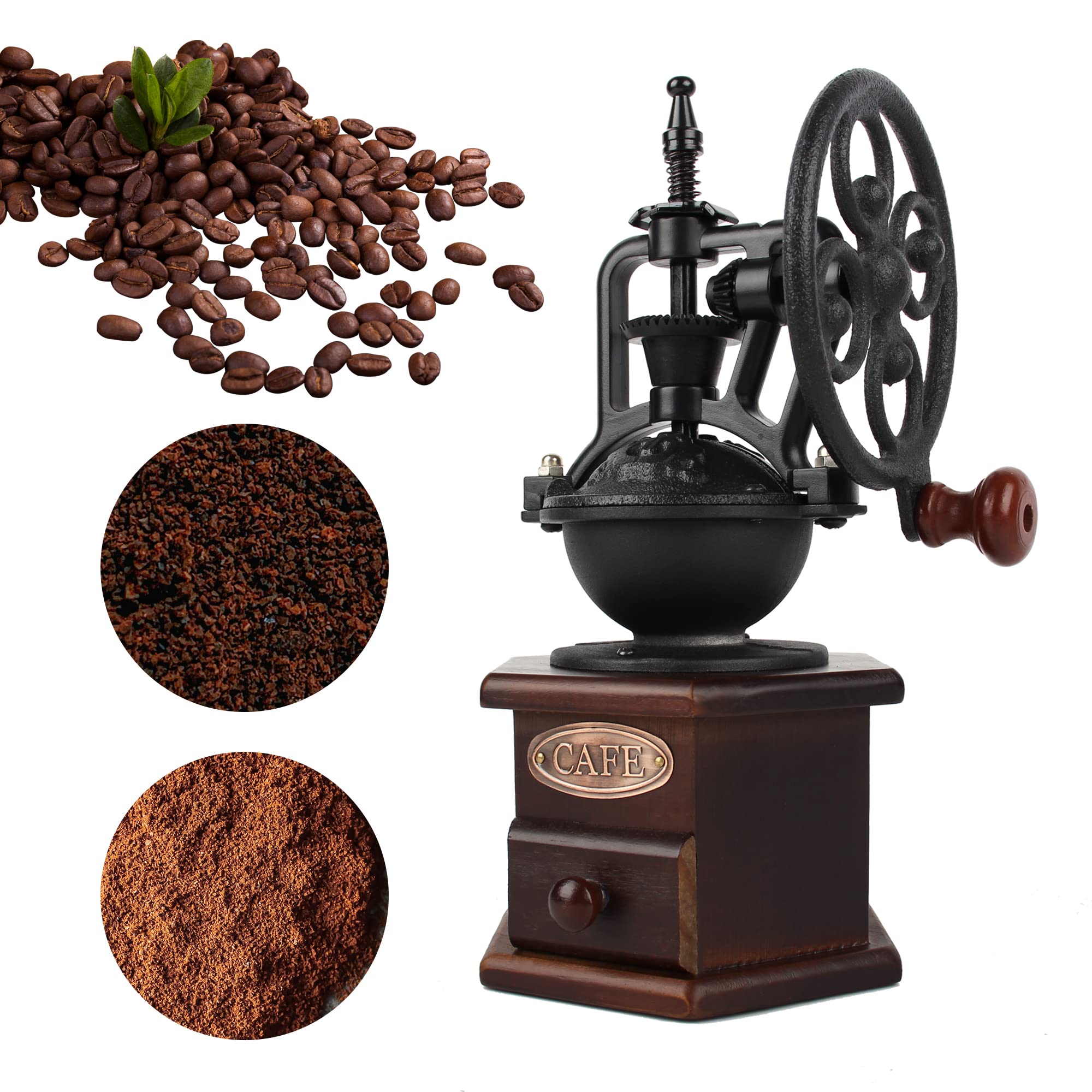 Photo 1 of Coffee Grinder,Wooden Coffee Bean Grinder Manual Coffee Grinder Roller, Antique Coffee Mill with Cast Iron Hand Crank for Making Mesh Coffee, Decoration, Best Gift (Brown (six deformation base))