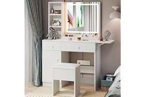 Haewon White Vanity Desk with Lighted Mirror and Charging Station, Makeup Vanity with 3 Color Modes and Adjustable Brightness, Dressing Table Set with Storage Drawers, Cabinet and Chair for Bedroom