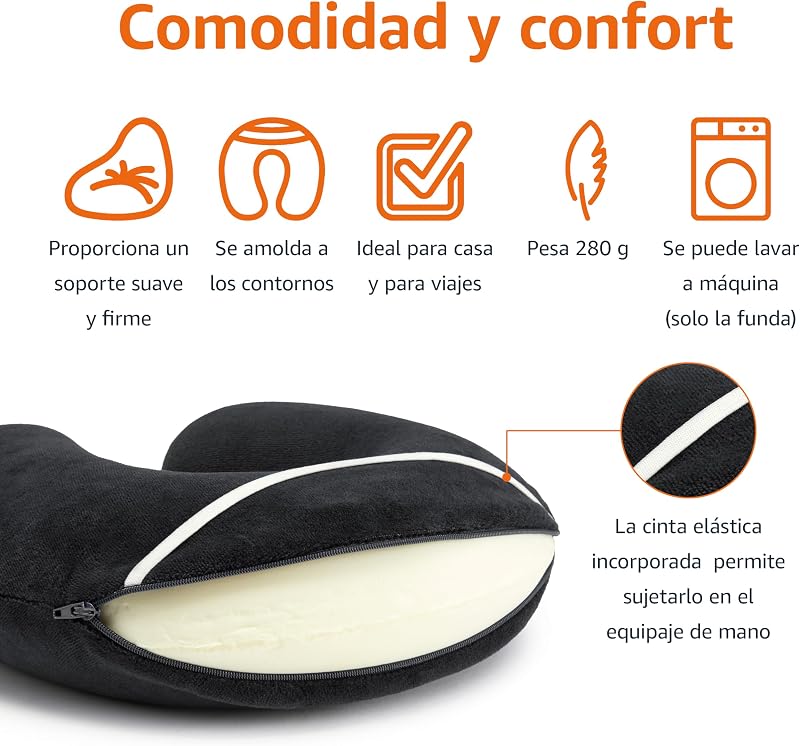Semicircular Almohada para cuello, de espuma viscoelástica, Negro