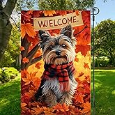 BlissYard Thanksgiving Fall Garden Flag 12x18 Inch Welcome Yorkshire Terrier Dog Outdoor Flag Double Sided Autumn Yard Banner with Plaid Scarf Leaves Decor for Porch Lawn Patio