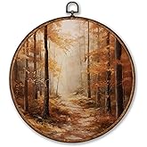 Voxitura Vintage Fall Landscape Wall Art Round Framed, Orange Maple Woods Wall Decor Canvas Hanging Living Room, Rustic Autumn Paintings Prints Artwork Decorations for Bedroom Thanksgiving 10x10in