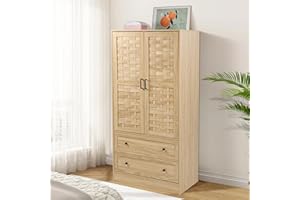 LEVNARY Armoire Wardrobe Closet with 2 Woven Doors, Wardrobe Cabinet with 2 Storage Drawers and Hanging Rail, Freestanding Wooden Closet for Bedroom (Natural)