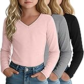 LessonZoo 3 Pack Girls Long Sleeve T-Shirts 5-14 Years Kids Undershirts V Neck Base Layer Basic Lightweight Teen Youth Tops