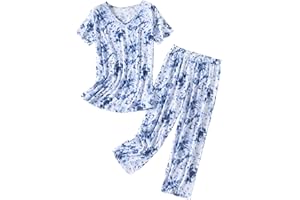 Inadays Womens Cotton Pajama Sets Short Sleeve Top With Capri Pants 2 piece sets for Women Summer Pajamas Lounge Set