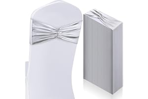 Hahafelt 50 pcs Chair Sashes Shiny Bow Spandex Bands for Dining Chair Slipcover Wedding Banquet Parties Reception Restaurant Decoration, Silver