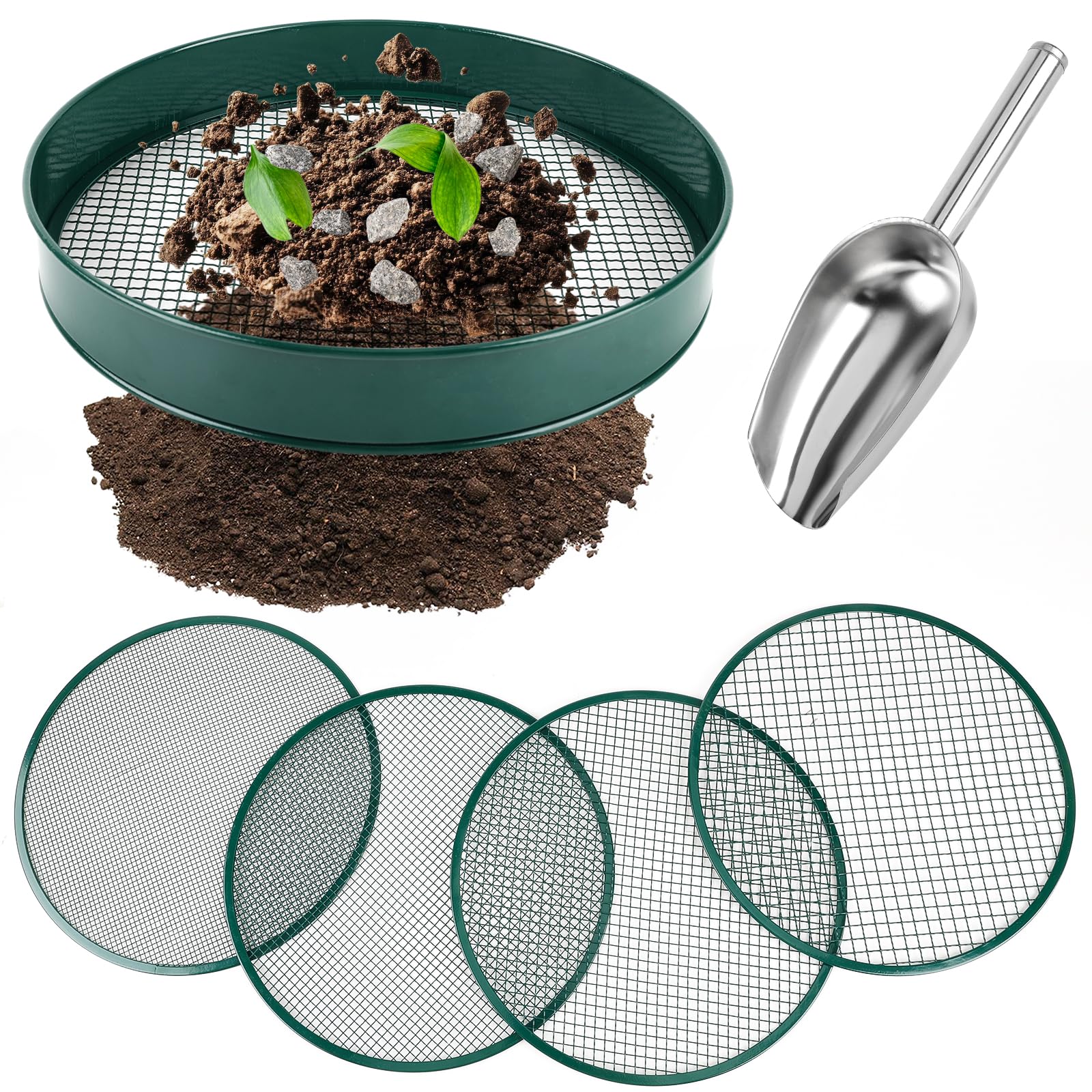 Photo 1 of UCandy Soil Sifter for Gardening, 12" Green Soil Sifter Potting Sieve with Shovel and 4 Fine Screens for Sand Dirt, Sand, Rock, Filtration, Compost and Bonsai (5 IN1)