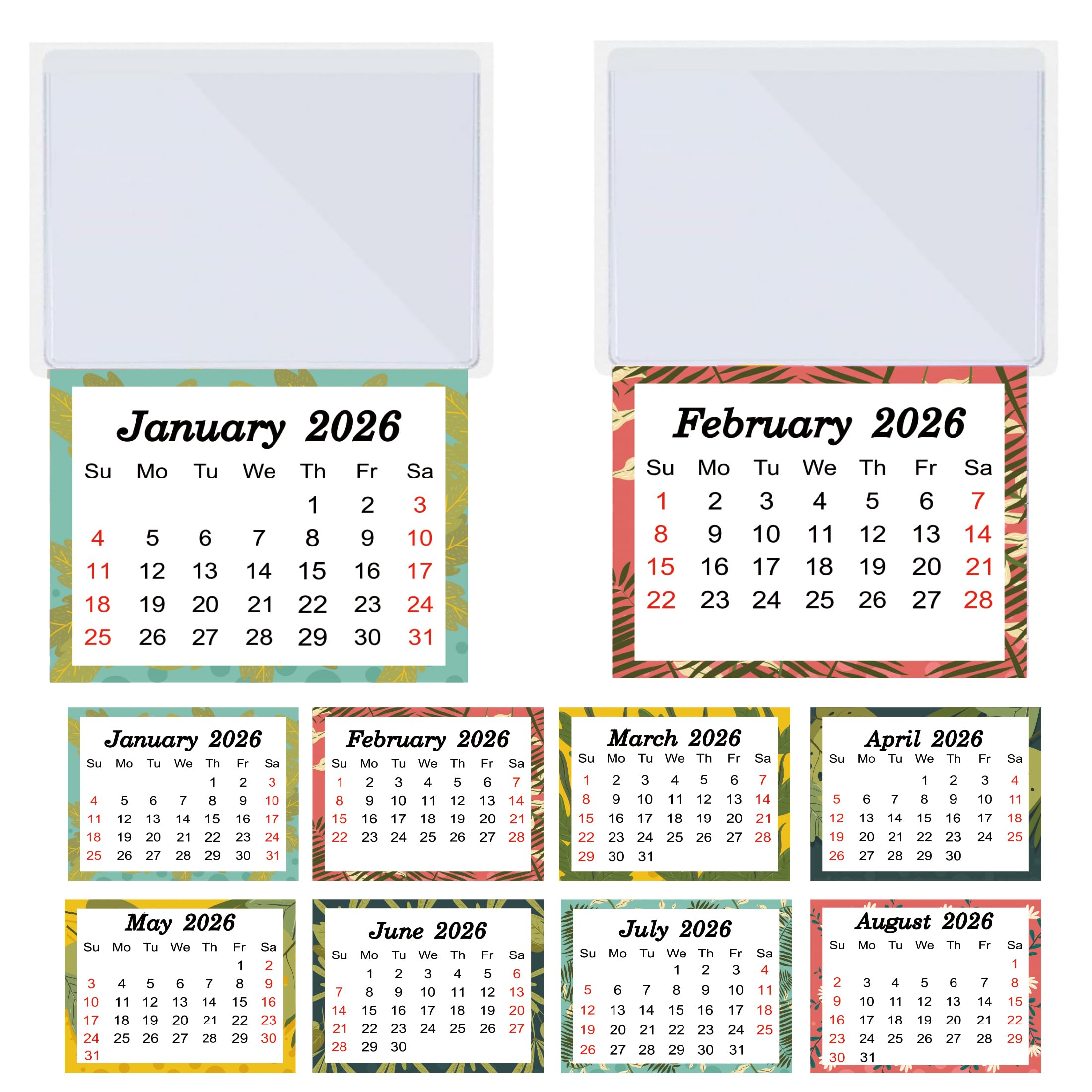 Photo 1 of 10 Pcs 2026 Peel and Stick Calendar Stickers Hanging Mini Calendar Card Pocket Holders 2-in-1 Car Monthly Wall Desk Pasted Calendar for Auto Car Fridge Laptop Office Teacher School Home Supplies