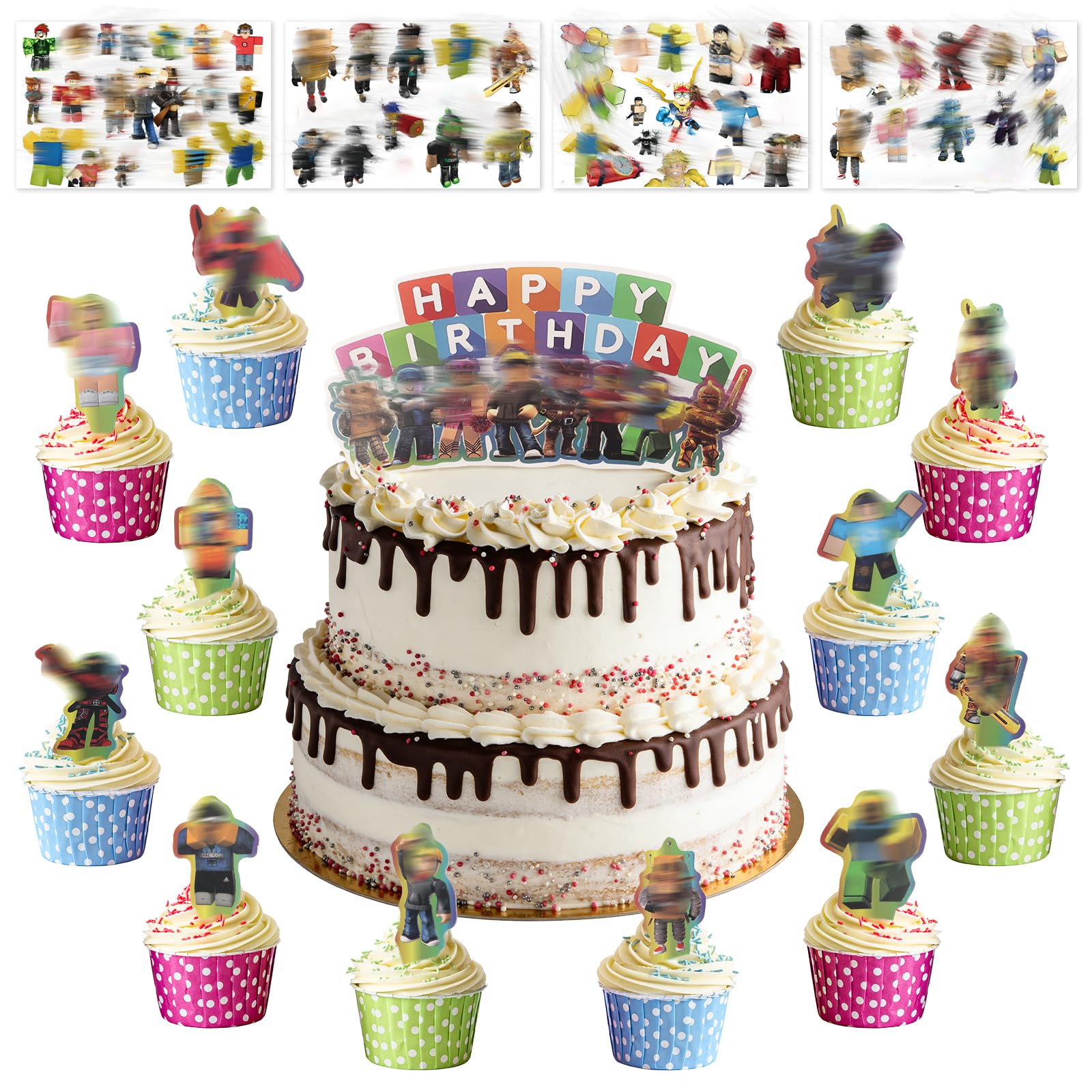 25pcs Rob-lx Cake Toppers,Cartoon Cake Decoration With Tattoo Stickers, Cupcake Toppers Happy Birthday Decorate for Kids