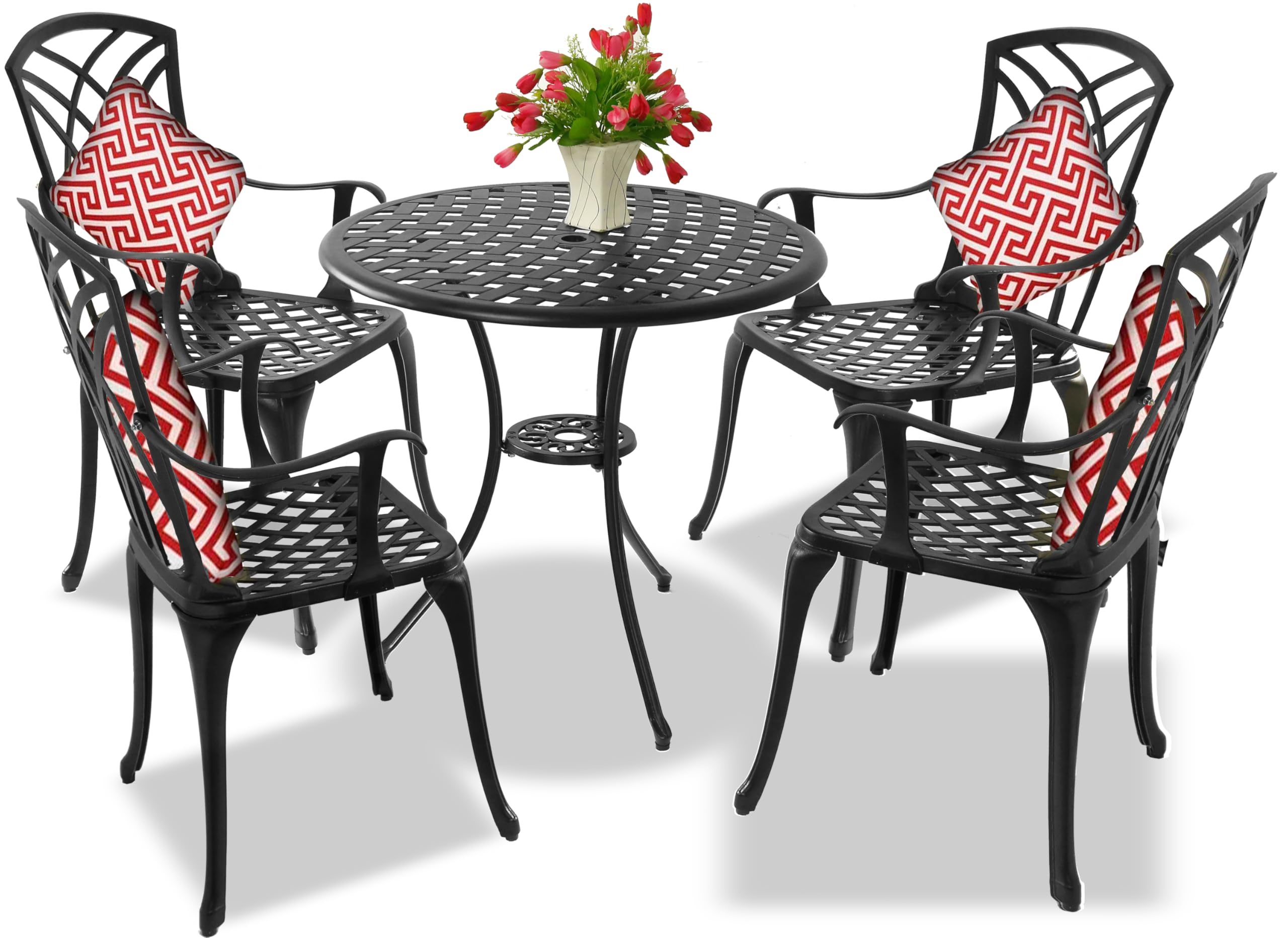 Centurion Supports OSHOWA Garden & Patio Table & 4 Large Chairs with Armrests Cast Aluminium Bistro Set - Black