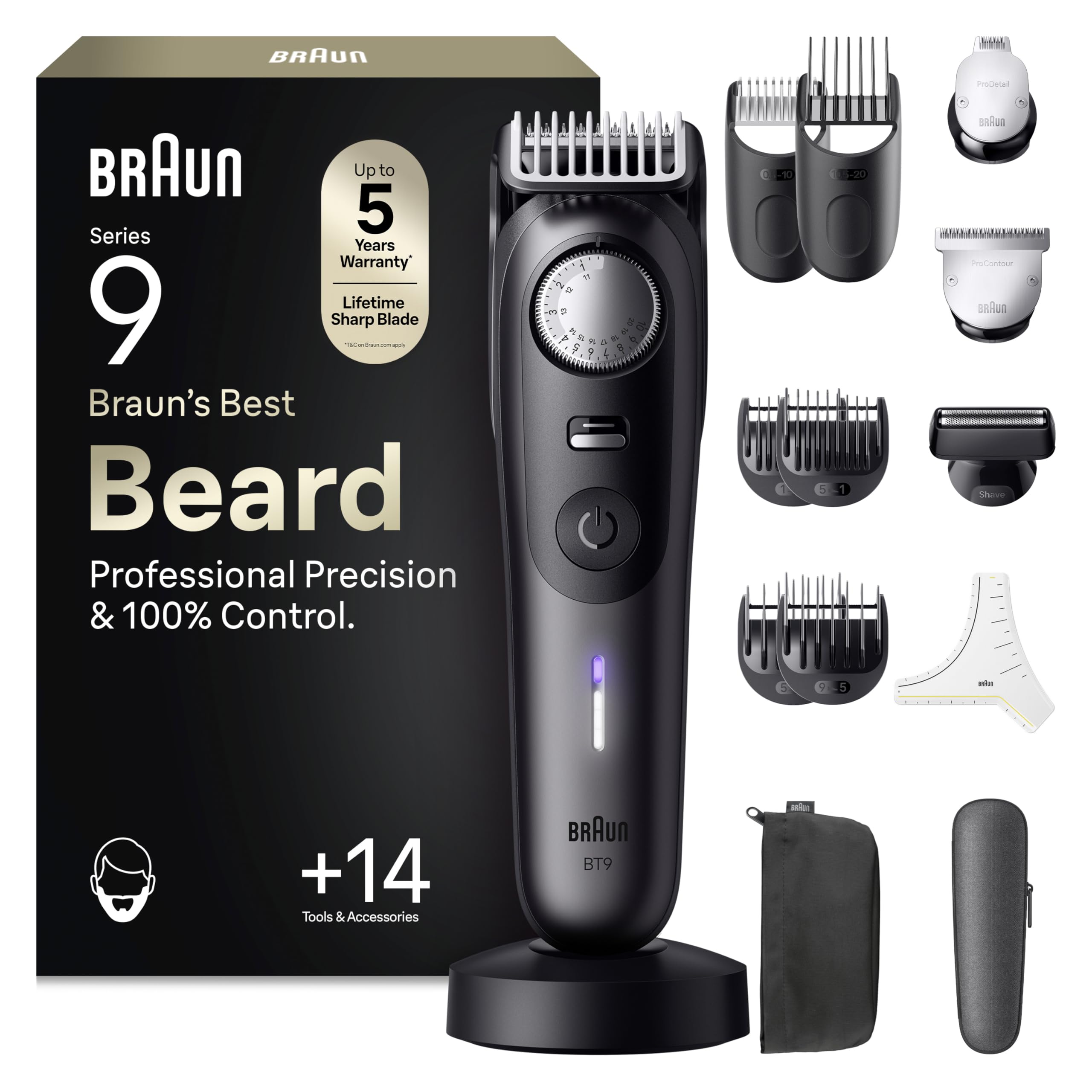 Braun Barttrimmer Series 9, Elektrischer Bartschneider Herren mit 14 Barber-Tools, Ultrascharfe ProBlade Klinge, 180 Min Akkulaufzeit, Kabelloser Bartrasierer, 52 Längen, Wasserdicht, BT9565, Titan