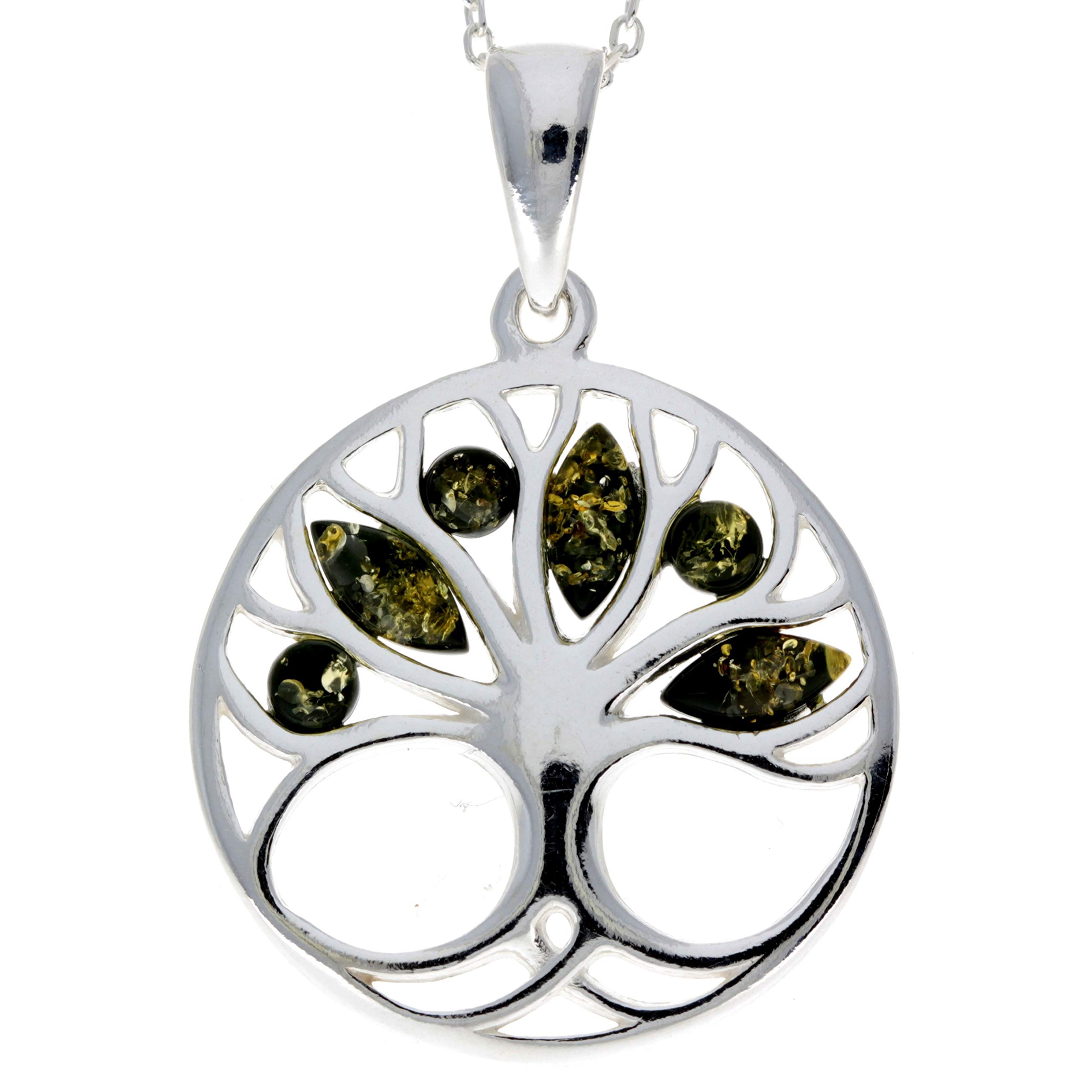 Genuine Green Baltic Amber & Sterling Silver Round Tree of Life Pendant without Chain - GL363G