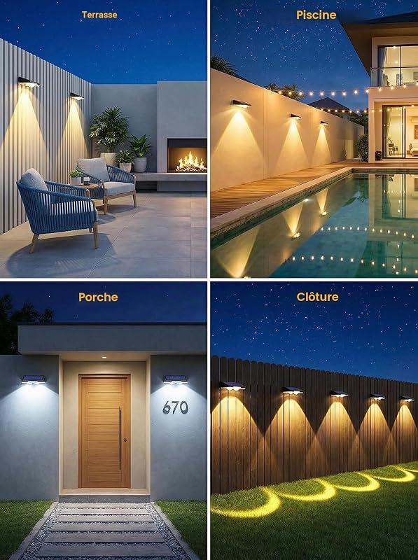 Applique Solaire Extérieur,4 Articles Applique Murale Solaire Blanc Chaud LED lumiere Murale Jardin Extérieur IP65 Étanche Avec 3000K/4000K/6500K pour Clôture Jardin Terrasse