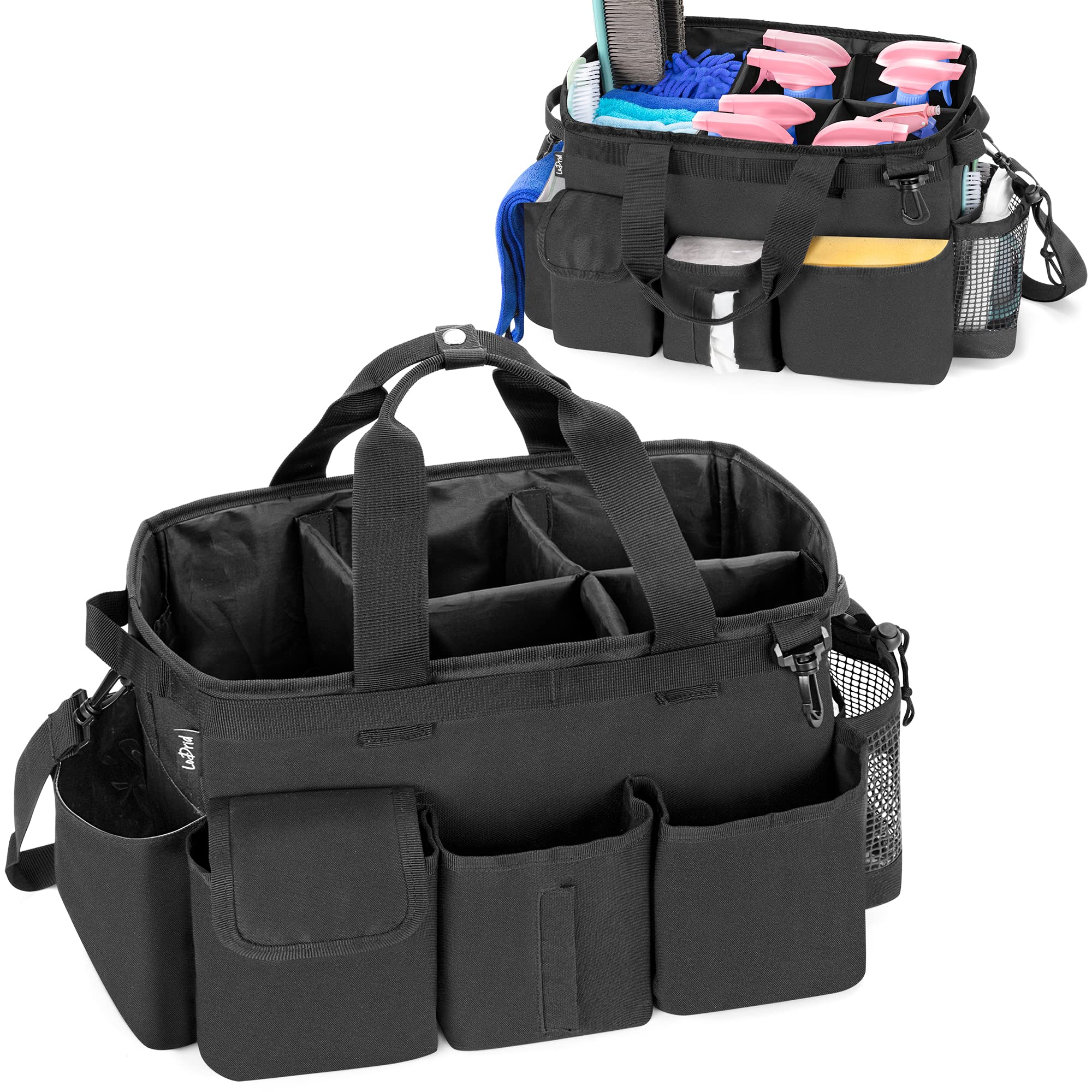 LoDrid Large Cleaning Caddy Bag with Detachable Divider, Wearable Organizer with Handle, Supply Tote Bag with Adjustable Shoulder Strap for Cleaners & Housekeepers, Black
