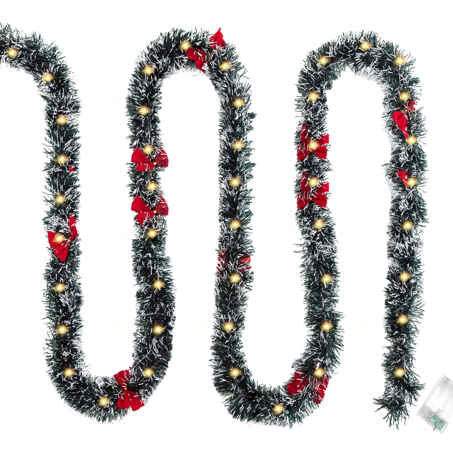 Photo 1 of 16.4 Ft Dark Green Frost Tip Metallic Tinsel Garland with 50 Warm LED Lights, Artificial Xmas Tree Decoration for Indoor Outdoor, Holiday Party Supplies