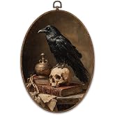 FCHHYWAL Vintage Gothic Crow Skull Oval Framed Wall Art, Goth Moody Black Raven Book Canvas Wall Art Prints Decor, Dark Academia Spooky Bird Hanging Decor for Home Living Room Library, 8.7 x 11.3 Inch